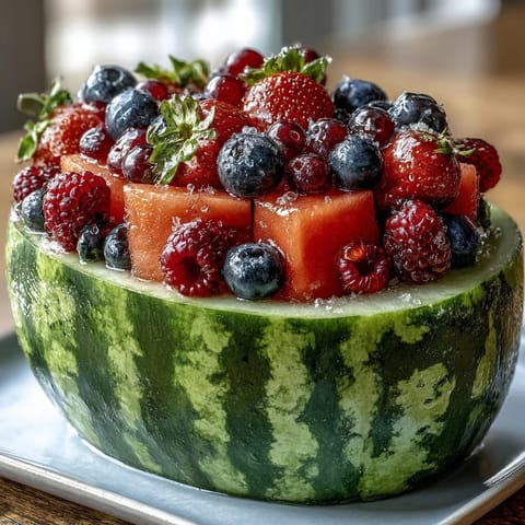 Vibrant watermelon carving board overflowing with fresh berries and mint, perfect for summer gatherings and healthy snacking.