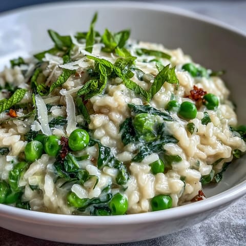 Vibrant green pea and mint risotto, creamy and comforting, garnished with Parmesan for a spring dinner party.