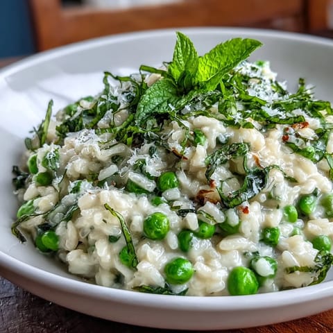 Creamy Spring Pea and Mint Risotto with Parmesan, topped with fresh herbs and lemon zest.