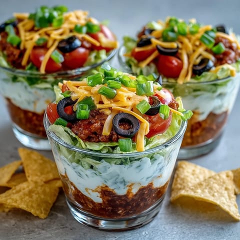 Easy Taco Dip Cups with layers of creamy cheese, refried beans, and fresh toppings, perfect for parties and Cinco de Mayo.