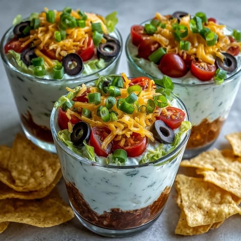 Festive Easy Taco Dip Cups served in clear cups, showcasing colorful layers of taco flavors and shredded cheddar cheese.