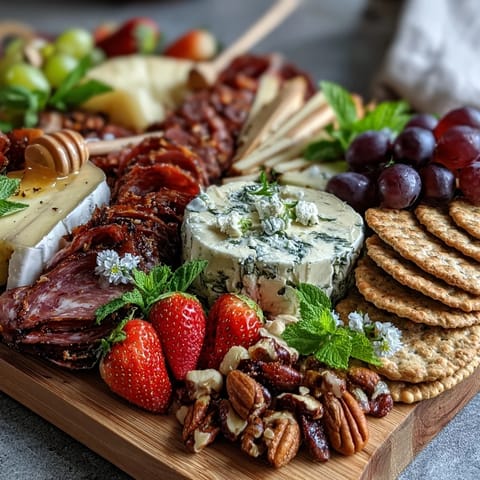 Spring charcuterie board with edible flowers and fruits arranged on a rustic wooden platter, showcasing vibrant colors and fresh textures.