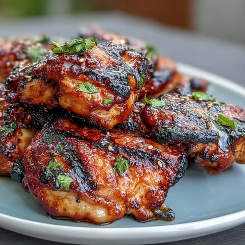 Honey Sriracha Grilled Chicken Thighs sizzling on the grill, glazed with a sticky sweet and spicy marinade.