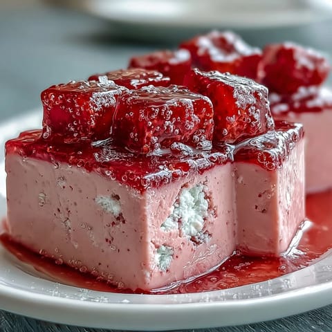 Beautiful Strawberry Rose Gelatin Mosaic Cake with ruby cubes.