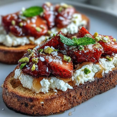 Golden toasted bread topped with strawberries, honey, ricotta, and pistachios.