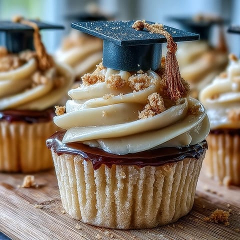 Festive vanilla cupcakes topped with black and gold fondant graduation caps.