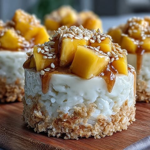 Vibrant Coconut Mango Sticky Rice Cups, topped with fresh mango and nutty sesame seeds.