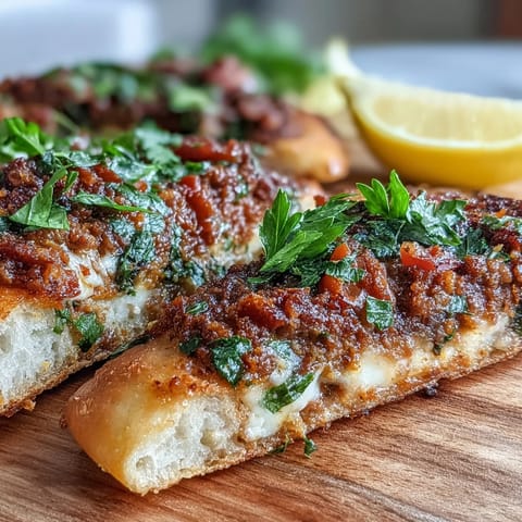 Turkish Lahmacun Pizza with savory lamb and sumac, freshly baked and crispy.