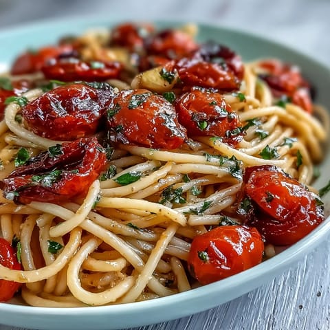 A luscious bowl of cherry tomato confit pasta with fragrant garlic oil and fresh basil.