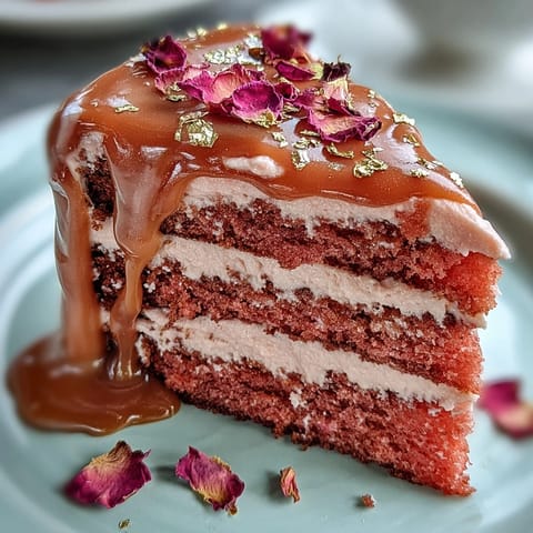 Elegant Rosé Velvet Cake, a pink party dream with glistening gold drips.