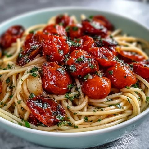 Cherry tomato confit pasta with garlic oil, boasting glossy noodles and sweet roasted tomatoes bursting with flavor.