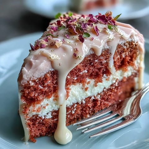 Elegant Bridal Shower Rosé Velvet Cake glistens with a romantic pink hue and gold drip.