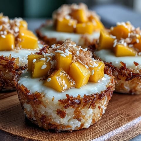 Close-up of Coconut Mango Sticky Rice Cups, a sweet, creamy, tropical dessert.