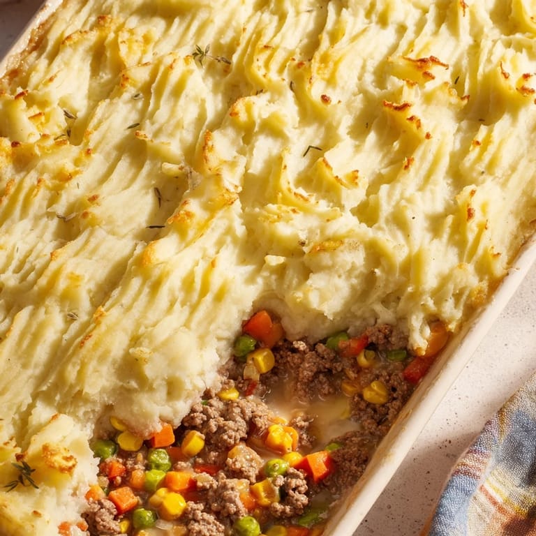 Savory Shepherd's Pie overflowing with flavorful ground meat, veggies, and fluffy mashed potatoes.