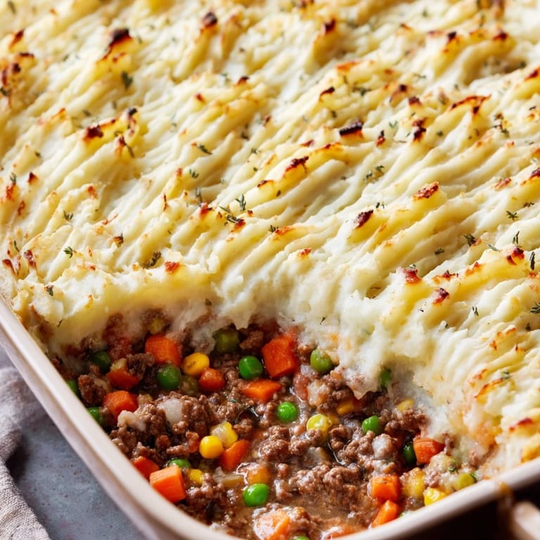 A close-up shot of hot, hearty Shepherd's Pie just out of the oven, ready to serve and enjoy.