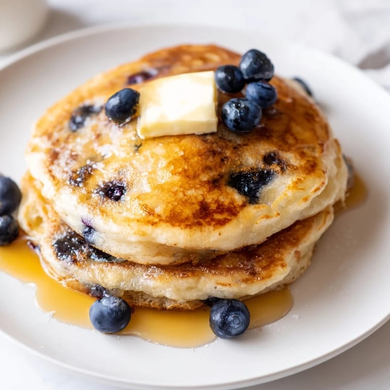 A stack of warm blueberry pancakes, studded with juicy berries, served with melting butter.