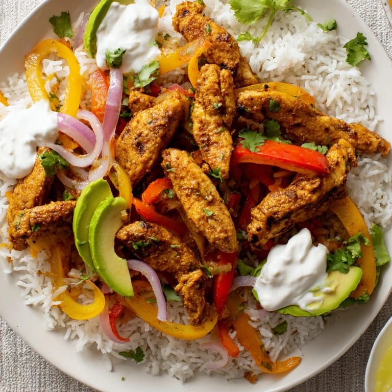 Sizzling chicken fajita bowl, featuring colorful bell peppers and flavorful marinated chicken strips with lime.