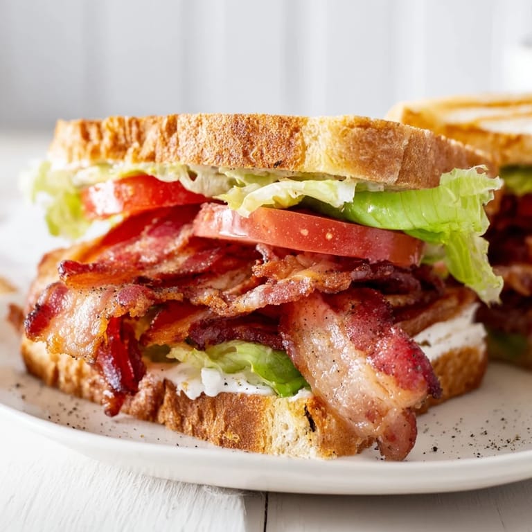 A perfectly assembled BLT Sandwich featuring toasted bread and creamy mayonnaise; a classic!