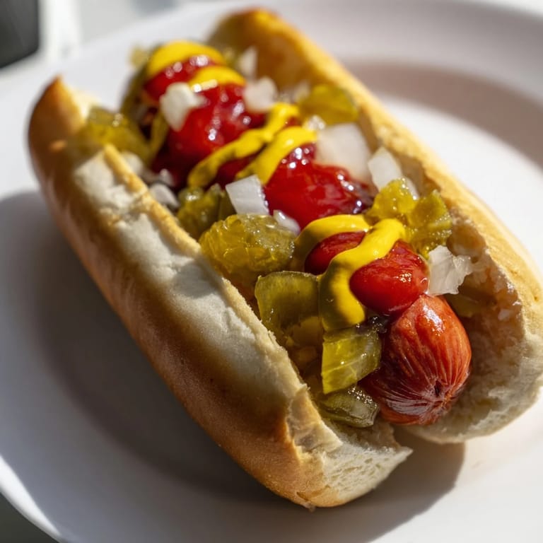 Juicy grilled hot dogs piled high with ketchup, mustard, and onions, ready for a delicious bite.