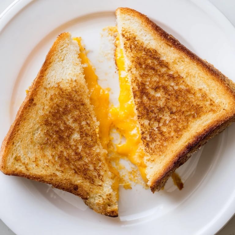 A delicious grilled cheese sandwich, with bubbly, melted cheese and toasted, buttered, golden bread.