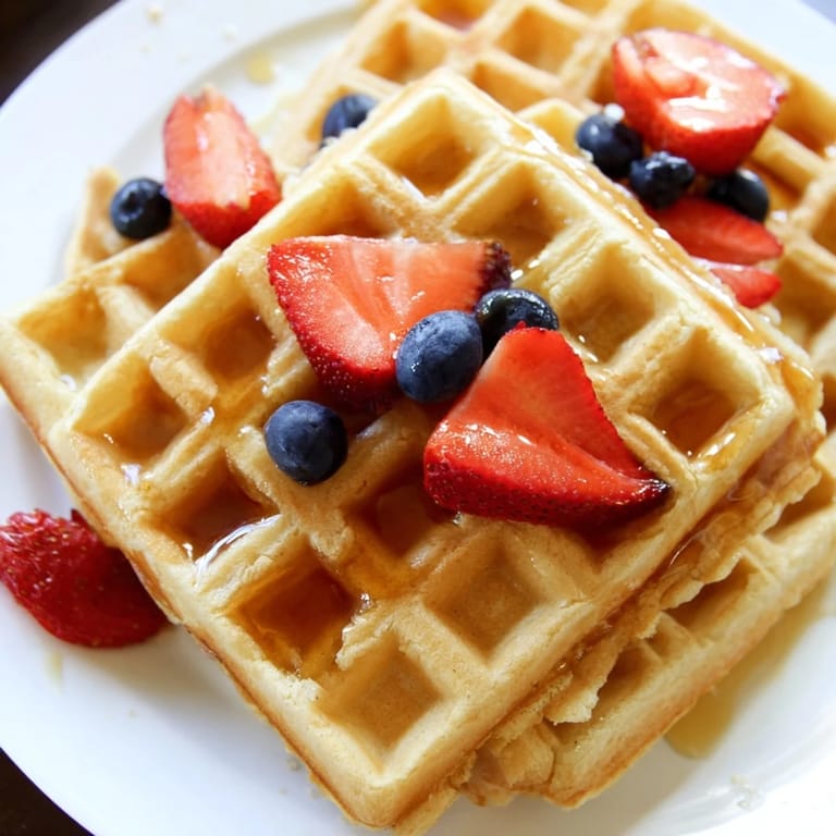 Fluffy, homemade waffles, cooked until golden brown, piled high on a plate, ideal for sharing with friends.