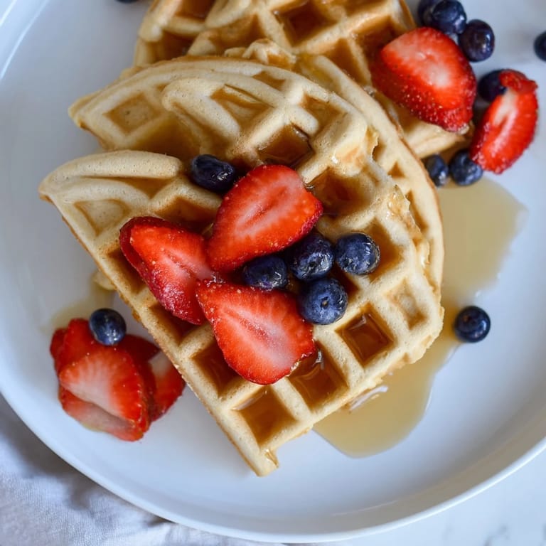 A close-up of delicious, hot waffles, served with strawberries and whipped cream, making an eye-catching brunch spread.