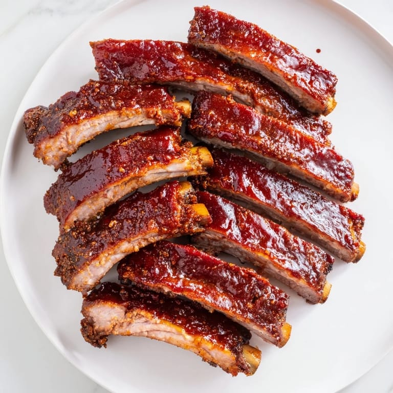 A close-up shot of delicious BBQ ribs, showing the savory dry rub and tender meat.