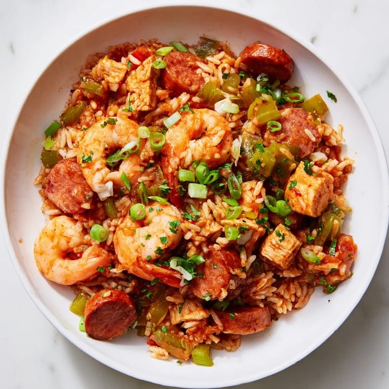 Vibrant image of homemade jambalaya, showcasing ingredients like rice, vegetables, and savory proteins.