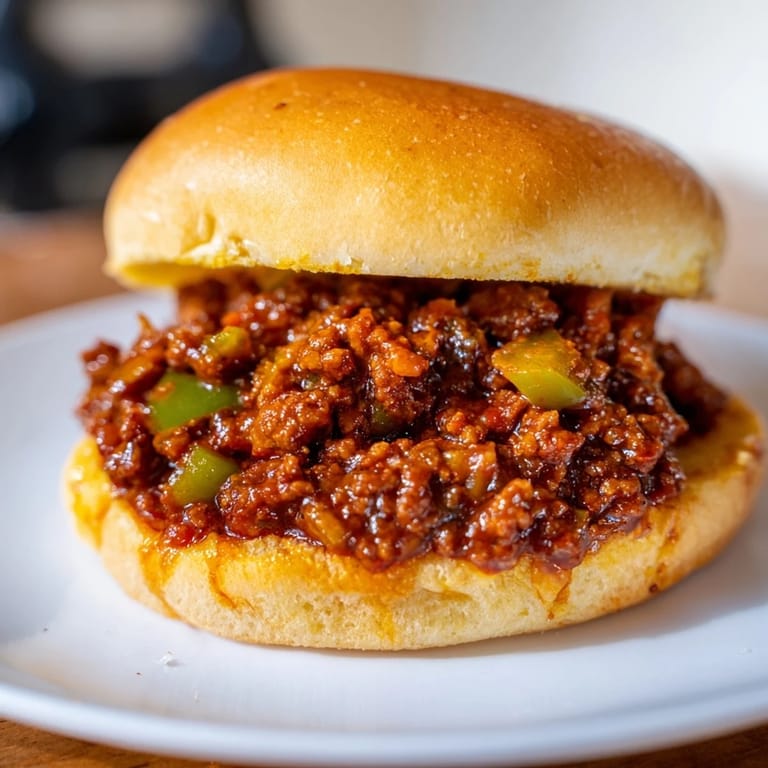 A close-up of delicious Sloppy Joes, the saucy beef mixture overflowing from soft hamburger buns.