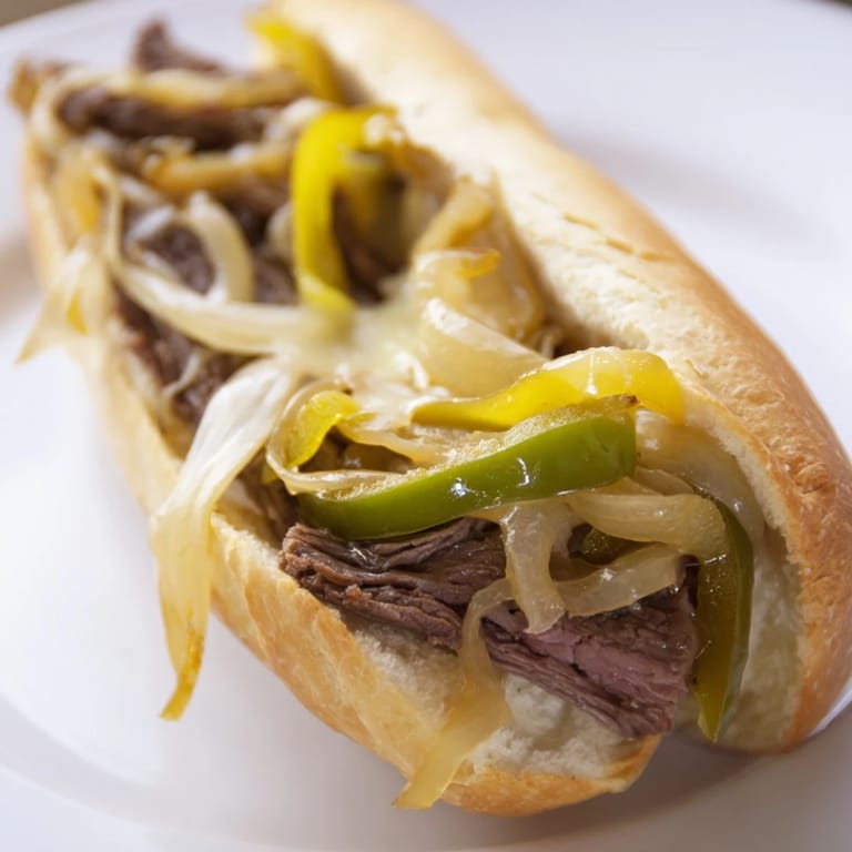 Golden-brown hoagie holds a delicious Philly Cheesesteak, a classic American meal.