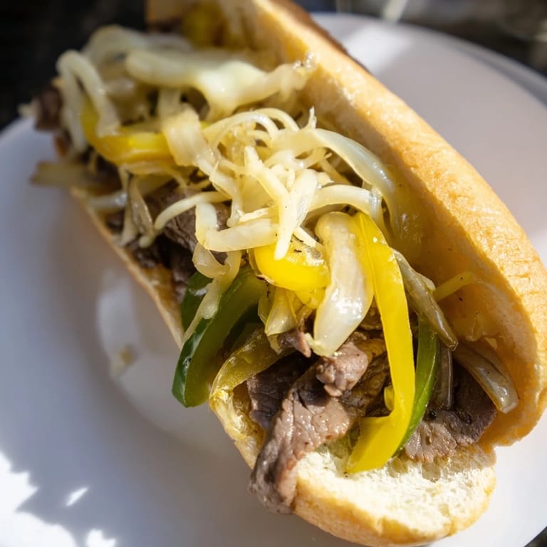Sizzling, tender beef piled high in a Philly Cheesesteak sandwich, ready to savor.