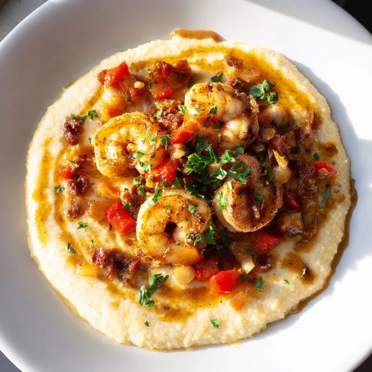A steaming bowl of shrimp and grits, with vibrant peppers and a rich, flavorful sauce.