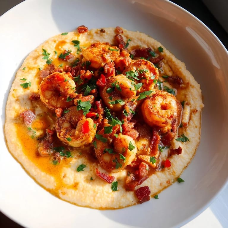 Delicious shrimp and grits, featuring perfectly cooked shrimp served over cheesy, warm grits.