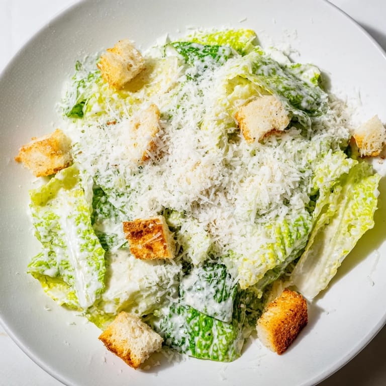 Close-up of a vibrant Caesar salad, overflowing with croutons and freshly grated Parmesan cheese.