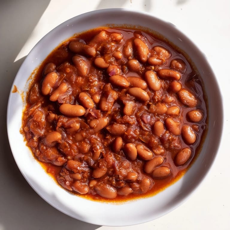 A close-up of hearty baked beans glistening with molasses, ready to serve for dinner.