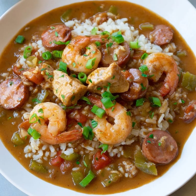Deliciously rich gumbo, a Louisiana stew, thick with meat, vegetables and savory stock, ready to eat.