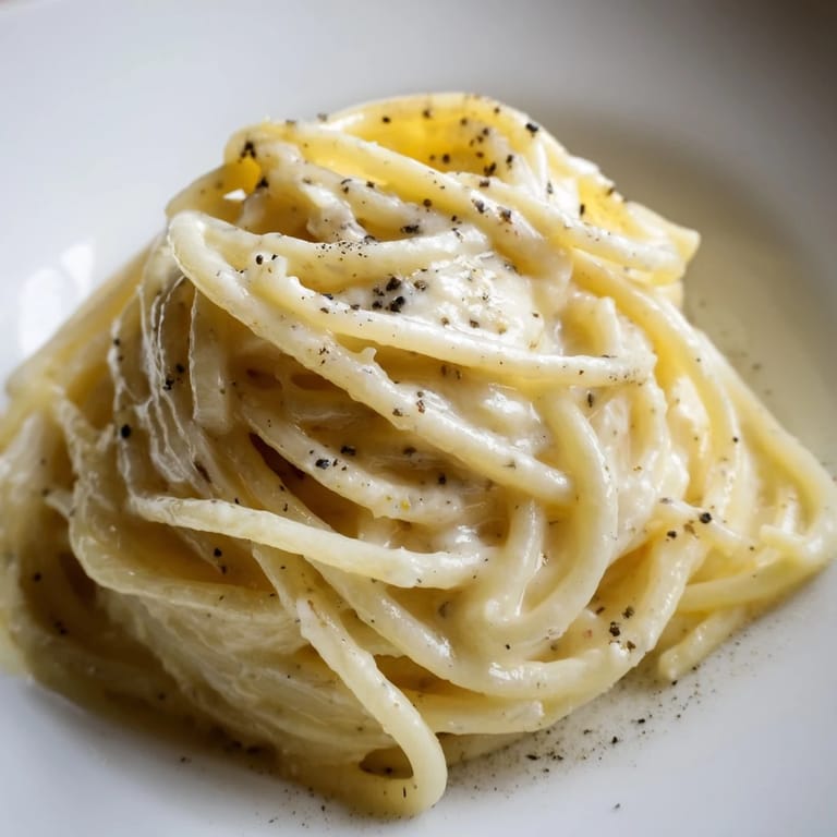 Close-up of perfectly al dente Spaghetti Cacio e Pepe twirled on a fork, showcasing the glossy, cheesy sauce against a rustic wooden table. 