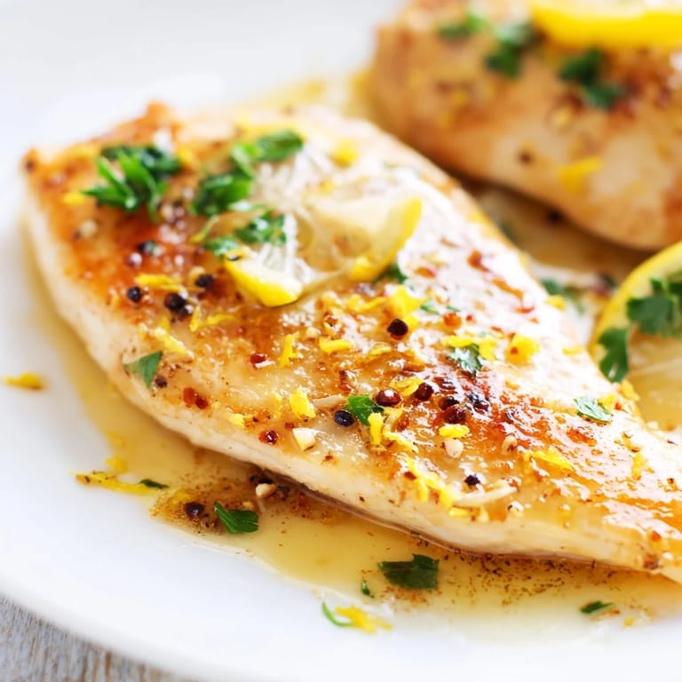 A close-up of juicy lemon pepper chicken in a zesty sauce, perfect for an easy weeknight meal.