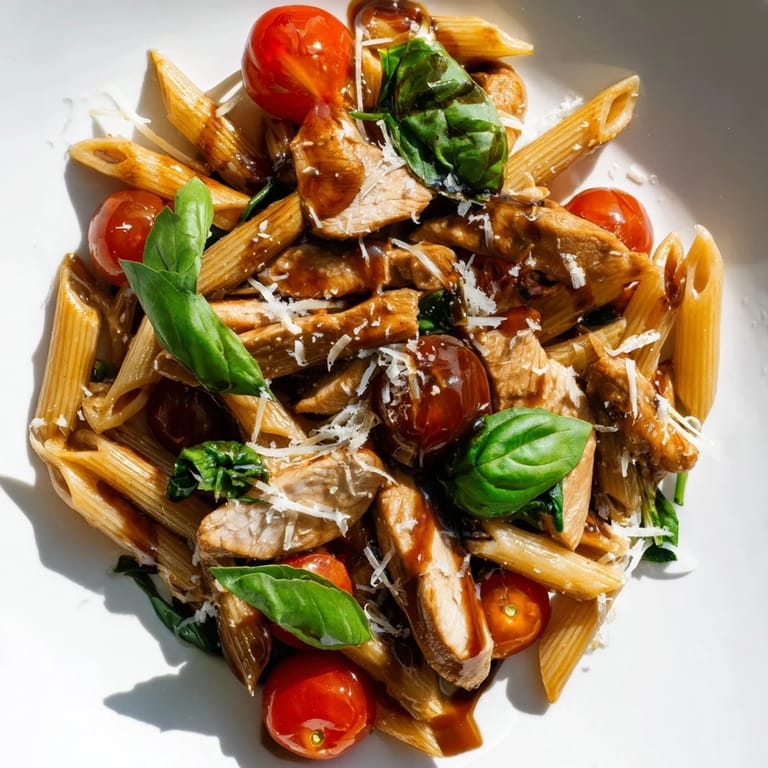 Savory sautéed chicken breast glazed in tangy balsamic reduction, tossed with al dente pasta, garlic, and fresh spinach for a simple dinner.  
