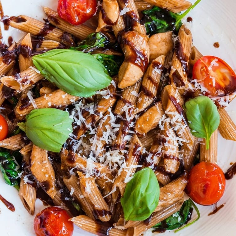 A close-up view of tender balsamic glazed chicken pasta, topped with grated Parmesan and fresh basil, perfect for a quick, elegant meal.