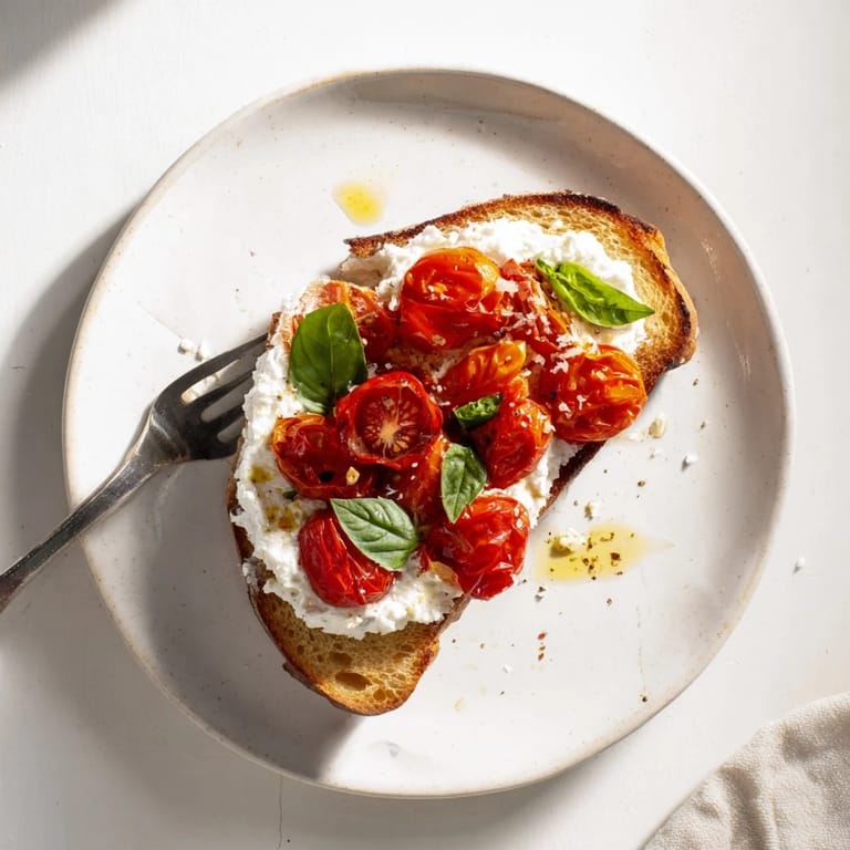 A close-up of vibrant roasted tomato halves nestled on fluffy ricotta toast, garnished with fresh basil leaves and flaky sea salt.  