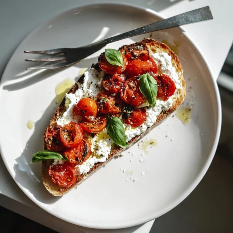 Golden, crusty toast topped with whipped ricotta and caramelized cherry tomatoes, ready to serve for an easy Mediterranean-inspired breakfast or snack.
