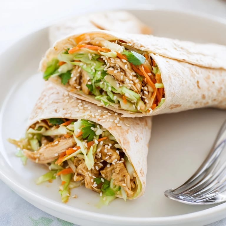 A close-up of a teriyaki chicken wrap filled with colorful veggies, ready to serve for a quick meal.  