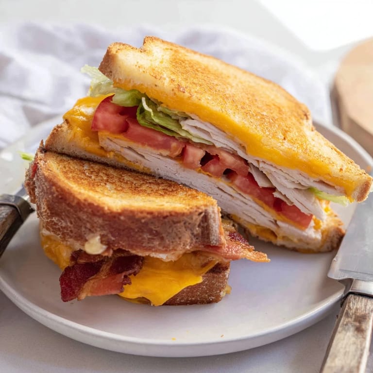 For a comforting lunch, this Turkey Club Grilled Cheese pairs with a pickle spear and chips beside melty cheese and crispy bacon.