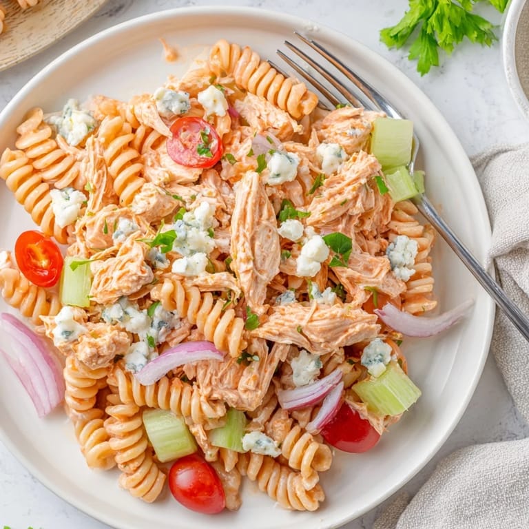 This cold Buffalo Chicken Pasta Salad features tender buffalo chicken chunks, crunchy vegetables, and a swirl of creamy dressing, perfect for a summer picnic or backyard potluck.