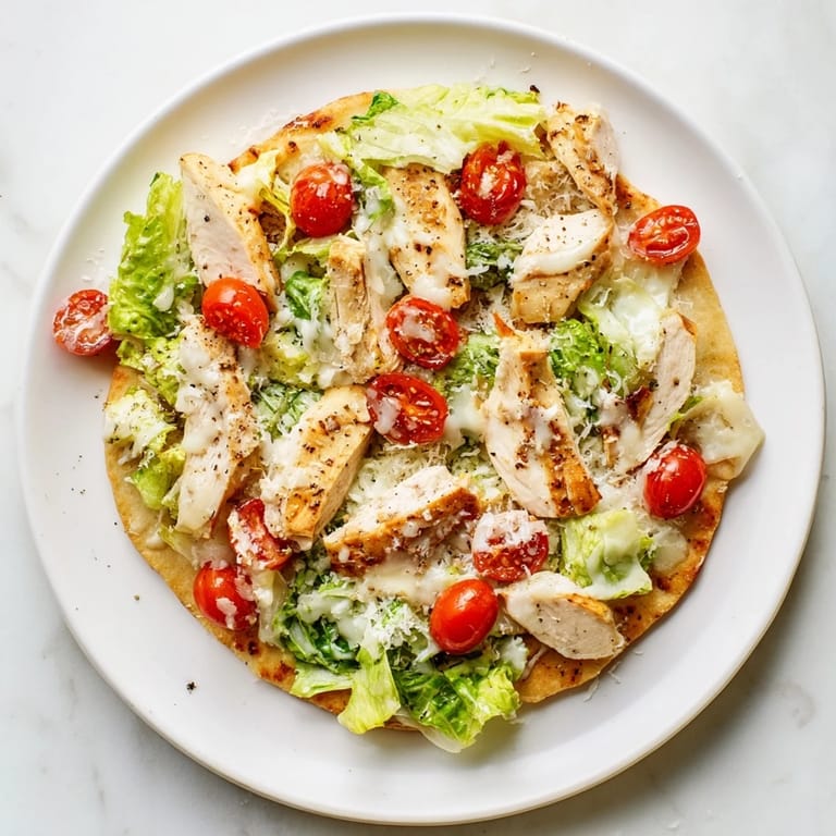 Baked Caesar Chicken Flatbread with juicy chicken, cherry tomatoes, and crunchy romaine tossed in creamy Caesar dressing.