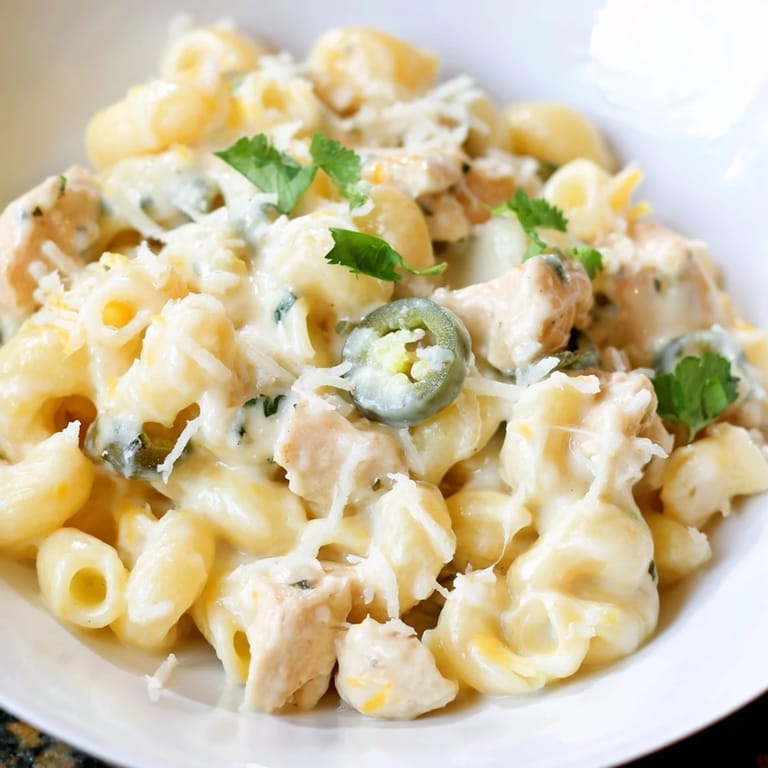 Green Chili Chicken Mac served hot from the skillet, garnished with fresh cilantro and optional jalapeño slices.