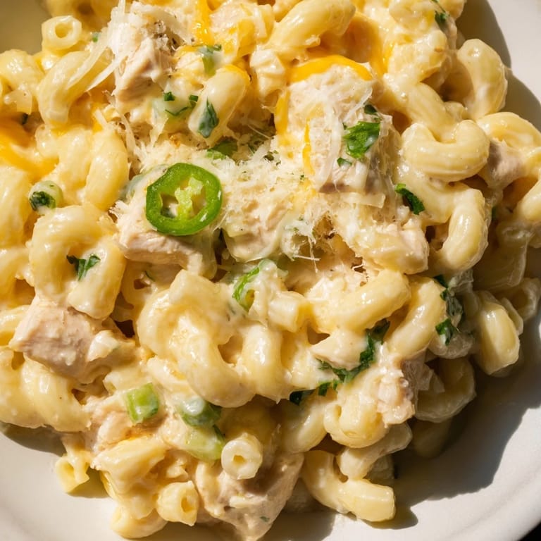 A close-up of Green Chili Chicken Mac, featuring elbows coated in a creamy, cheesy sauce with diced green chiles.