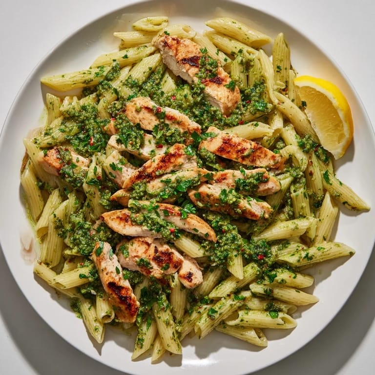 Close-up of Chimichurri Chicken Pasta with vibrant green sauce, parsley garnish, and lemon wedges for a fresh finish.