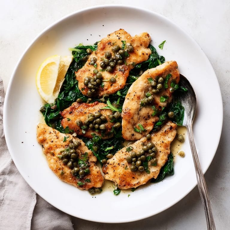 Tender chicken cutlets in a silky lemon butter sauce served over garlicky spinach, garnished with fresh parsley and lemon slices.